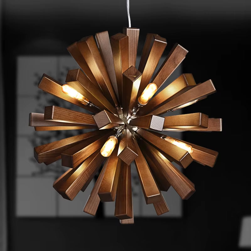 Japanese Wooden Pendant Lights Retro Dining Room Table Hanging Light Globe Shape Industrial Lighting for Living Room Home Decor
